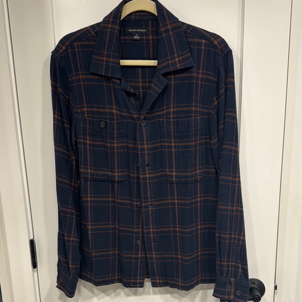 Banana Republic Navy and Orange Plaid Shirt